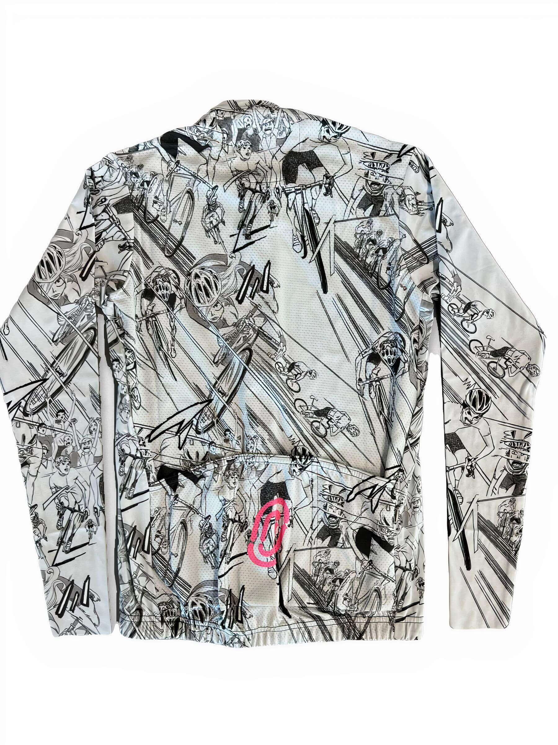 Back view of Ostroy Manga Lightweight Long-Sleeve Jersey - Women's featuring detailed manga-style cycling illustrations