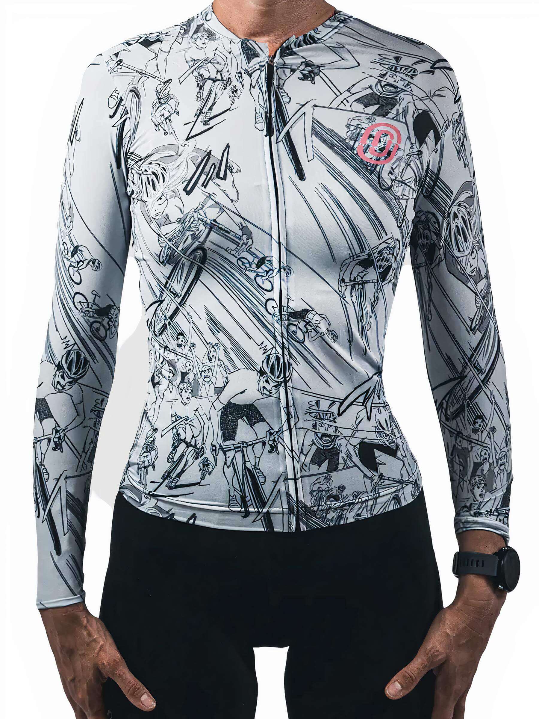 Front view of woman wearing Ostroy Manga Lightweight Long-Sleeve Jersey - Women's with detailed manga-style cycling art