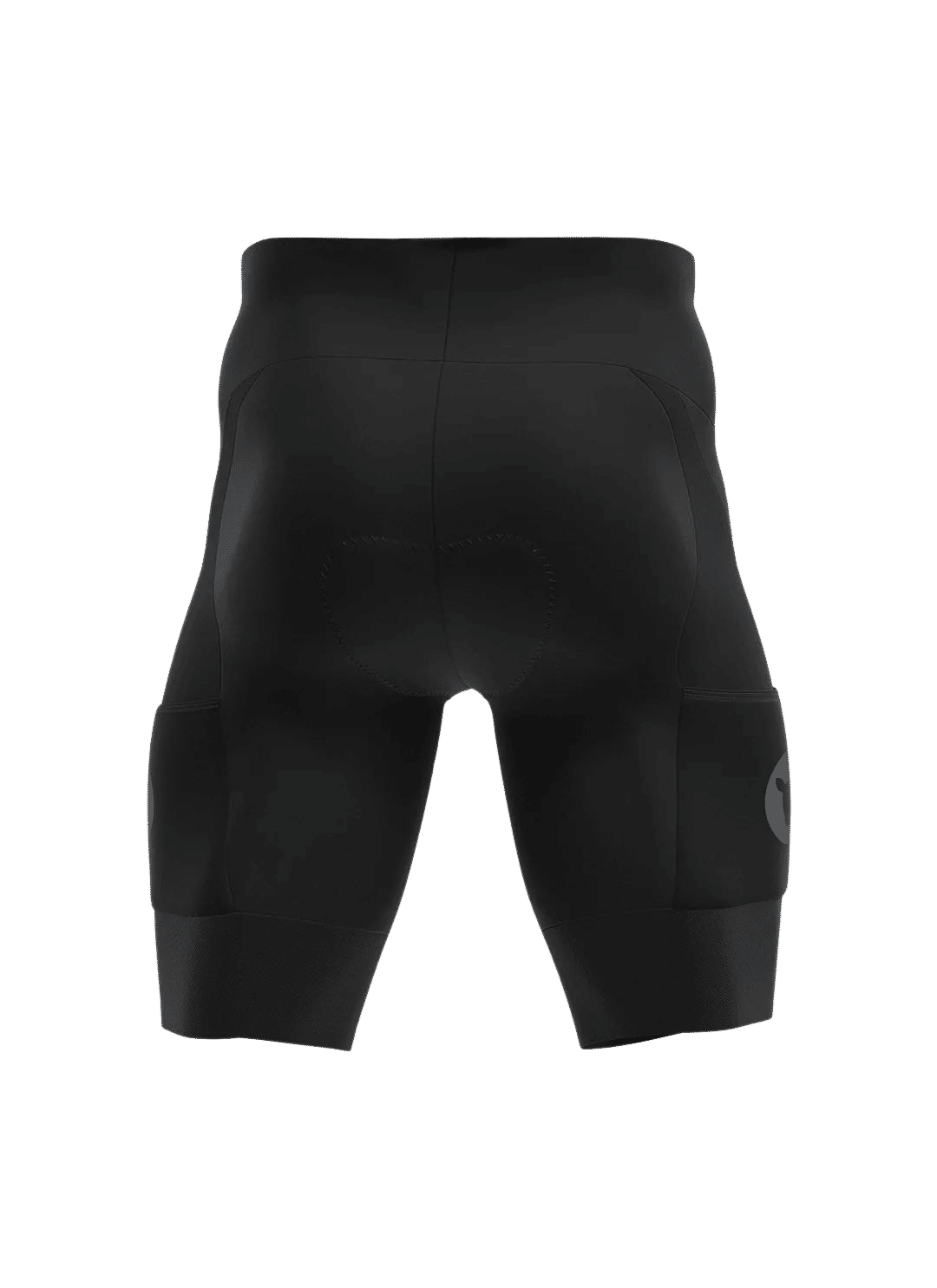 Back view of Black Sheep Cycling ADV Cargo Shorts - Men's showing padded seat and deep elastic leg cuffs in black fabric