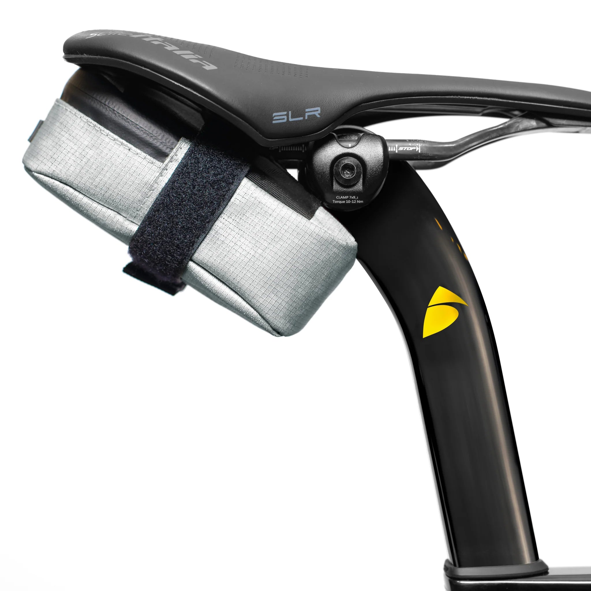 ALMSTHRE Signature Saddle Bag mounted under bike seat with adjustable strap and reinforced wear points visible