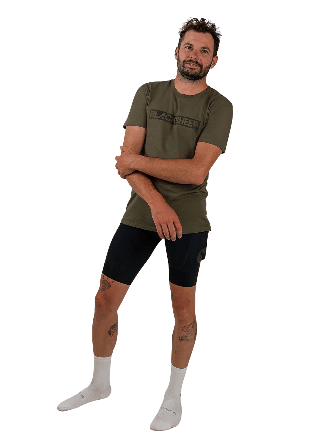 Man wearing Black Sheep Cycling ADV Cargo Shorts - Men's in black with side cargo pockets and elastic cuff standing casually