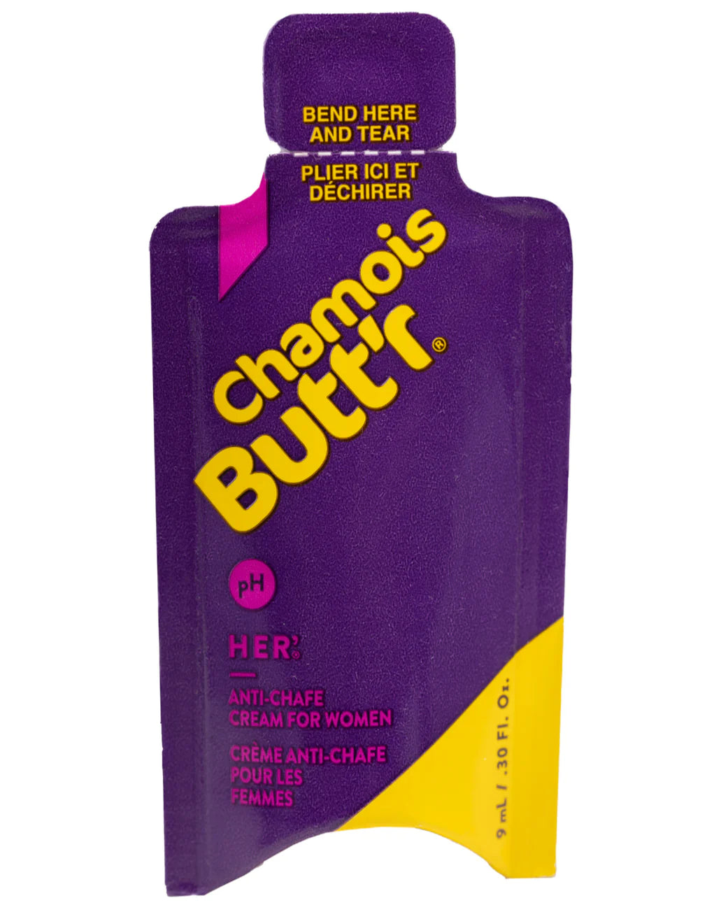 Close-up of Chamois Butt'r Chamois Cream - Women's purple packet with bold yellow logo and anti-chafe formula details
