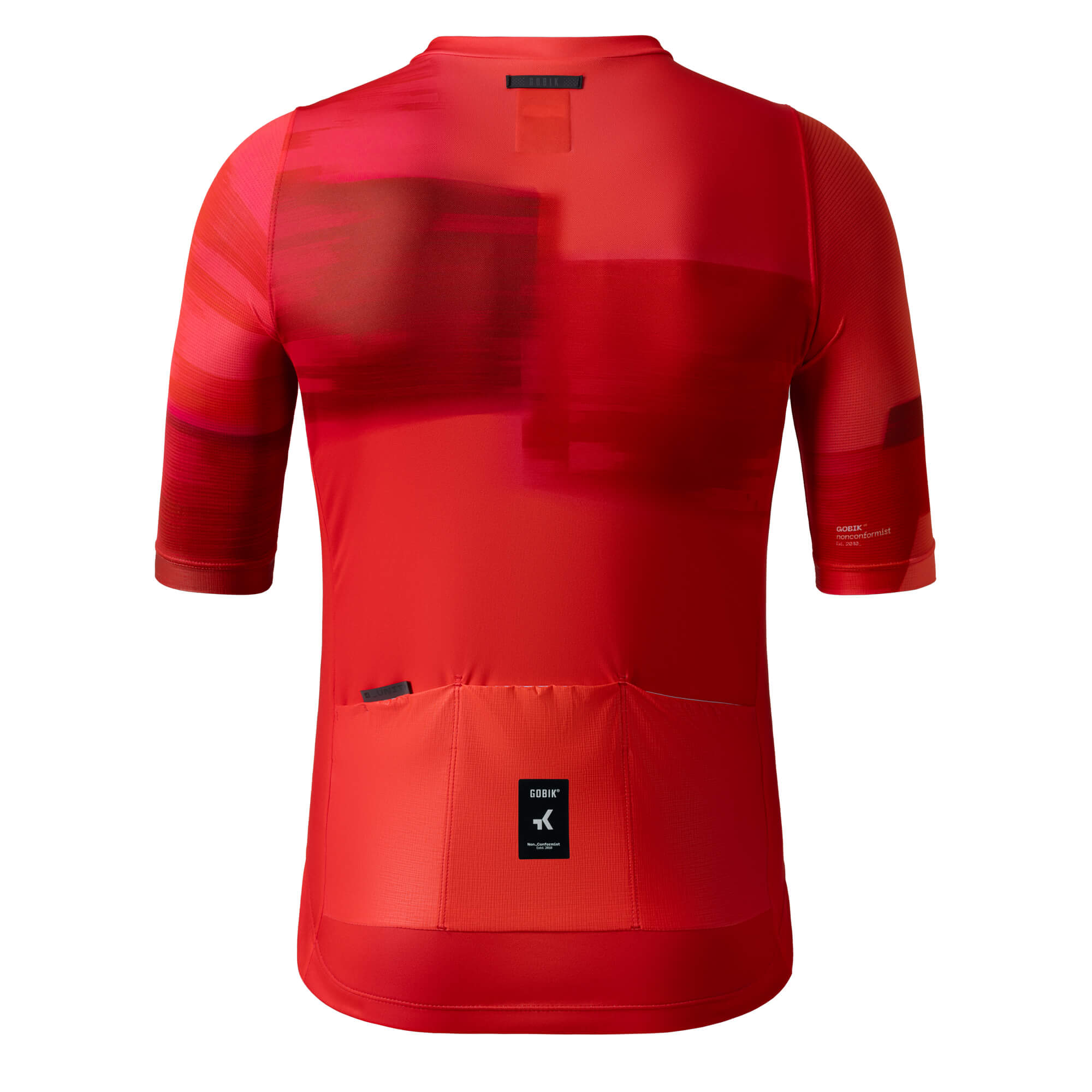 Back view of the red GOBIK Stark Short Sleeve Jersey - Men's showing breathable fabric and rear pockets for storage.