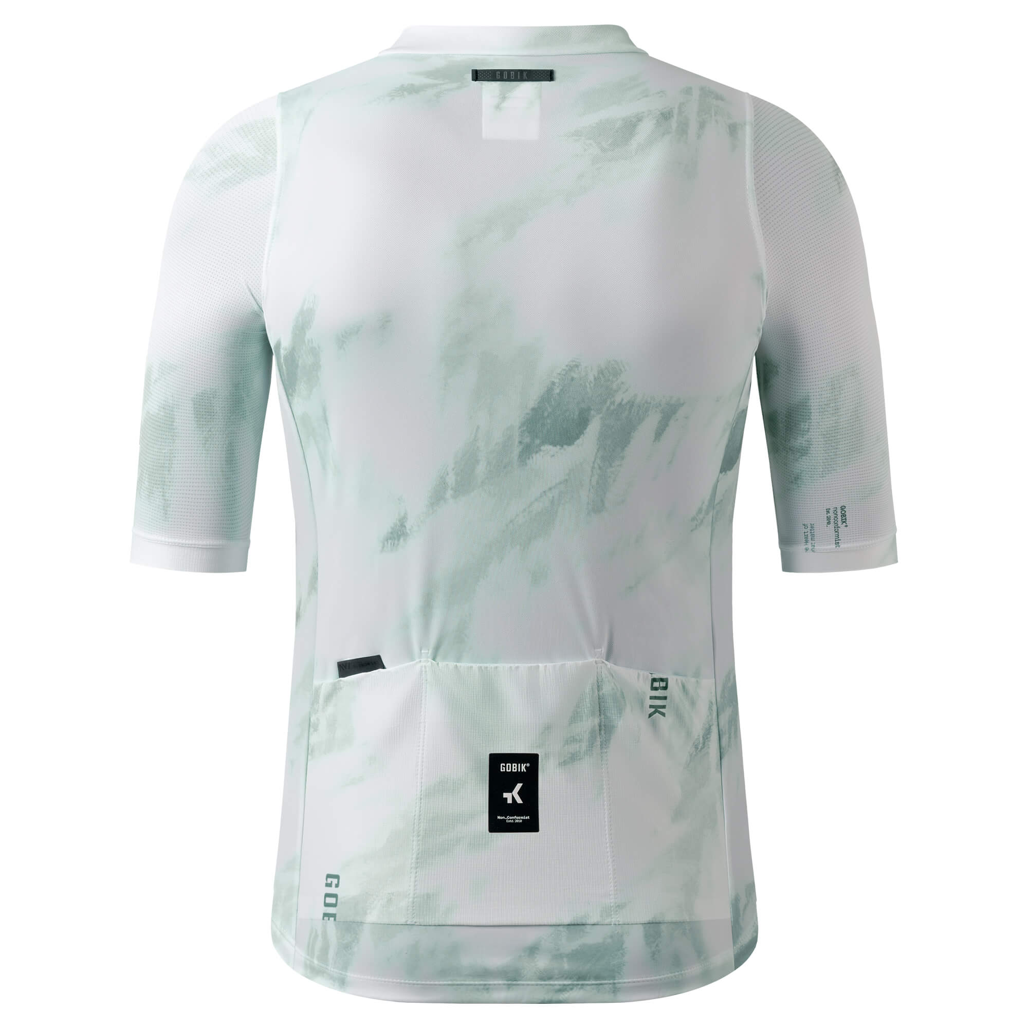 GOBIK Stark Short Sleeve Jersey - Men's in white with subtle green patterns, breathable fabric, and rear pockets for cycling essentials