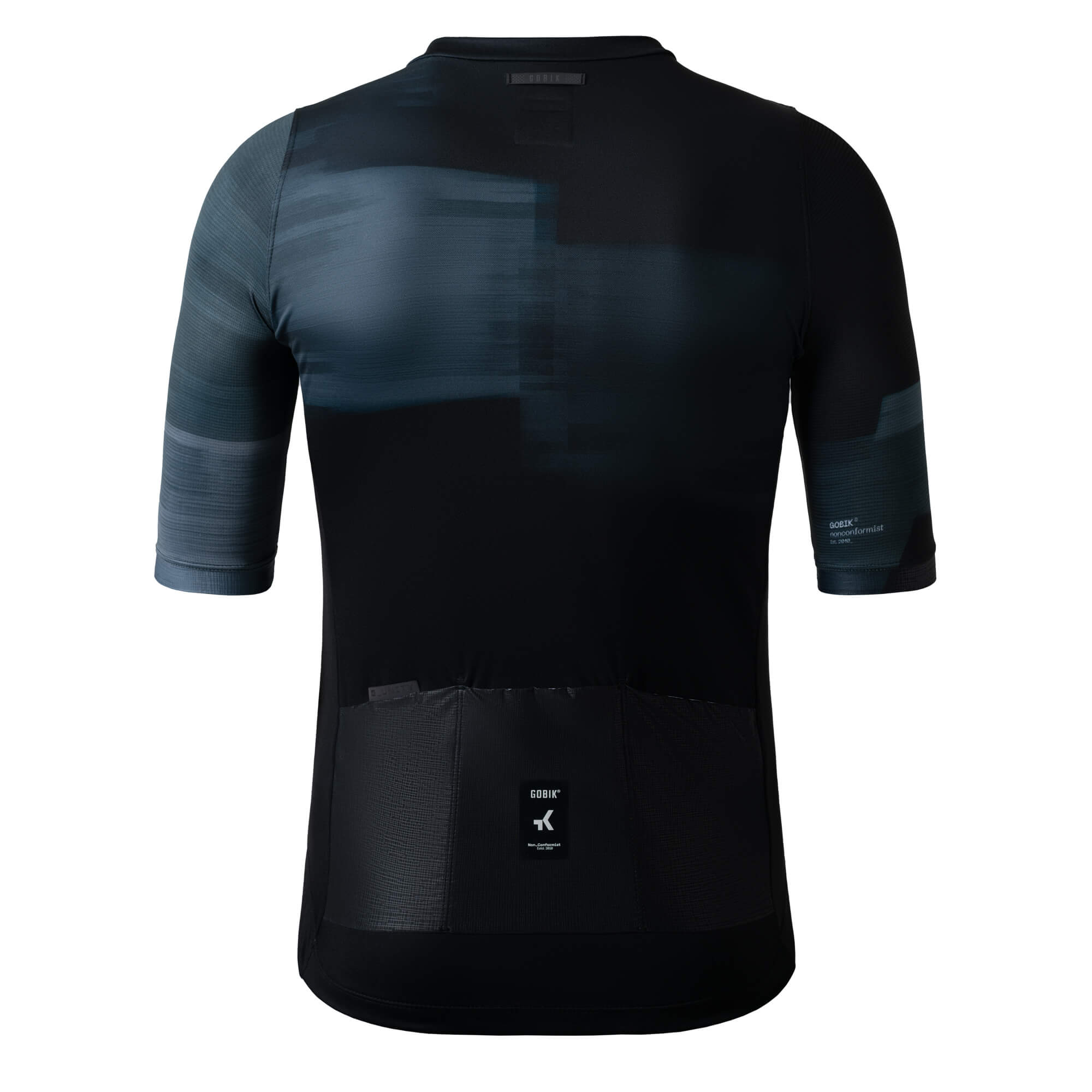 Back view of GOBIK Stark Short Sleeve Jersey - Men's in black with subtle blue patterns and rear pockets for cycling use.