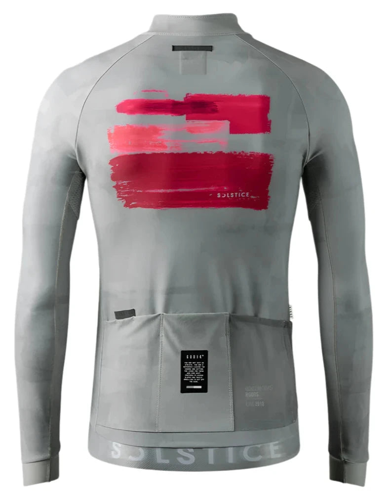 GOBIK Hyder Long Sleeve Jersey - Men's in gray with red brush design and rear pockets for winter cycling layers
