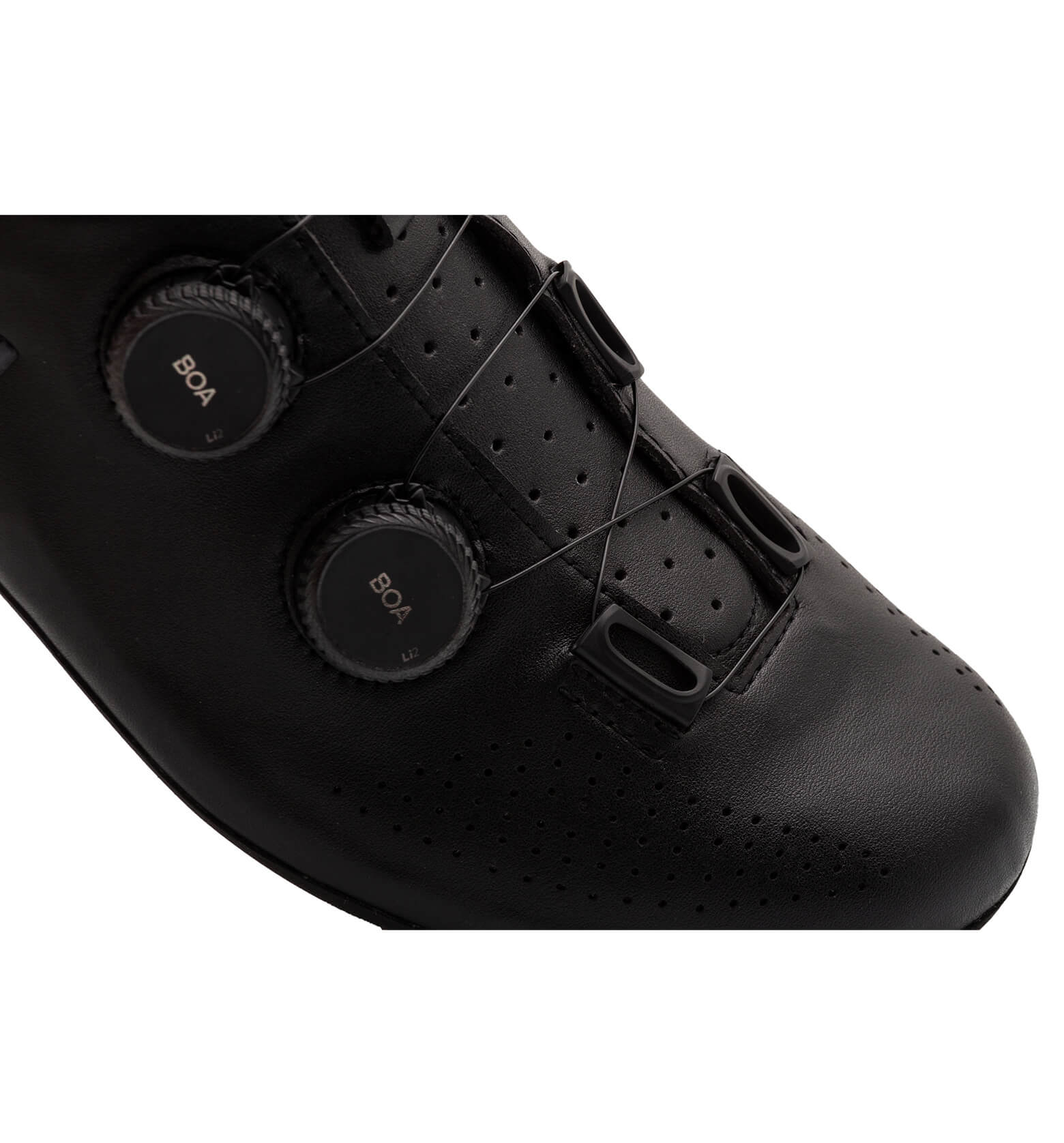 Close-up of black Nimbl EXCEED cycling shoe showing dual BOA dial closure system and perforated upper design