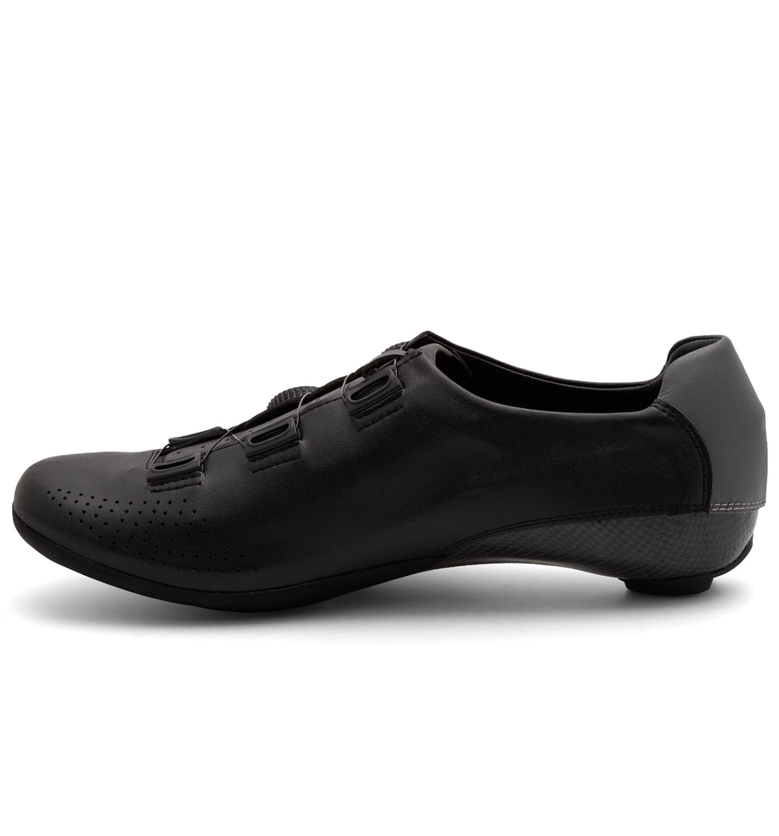 Side view of Nimbl EXCEED cycling shoe in black with sleek design and ventilation perforations on toe area