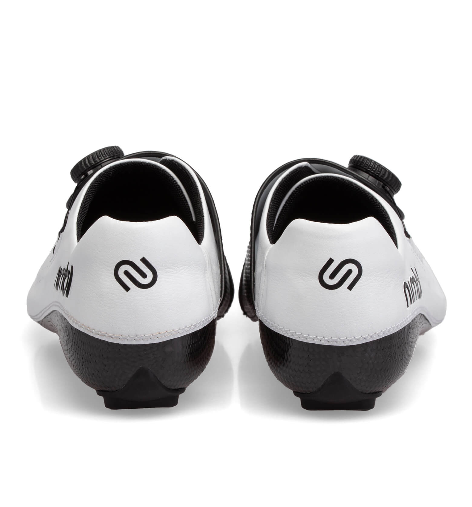 Rear view of white Nimbl FEAT Ultimate cycling shoes featuring sleek design and secure dial closure system
