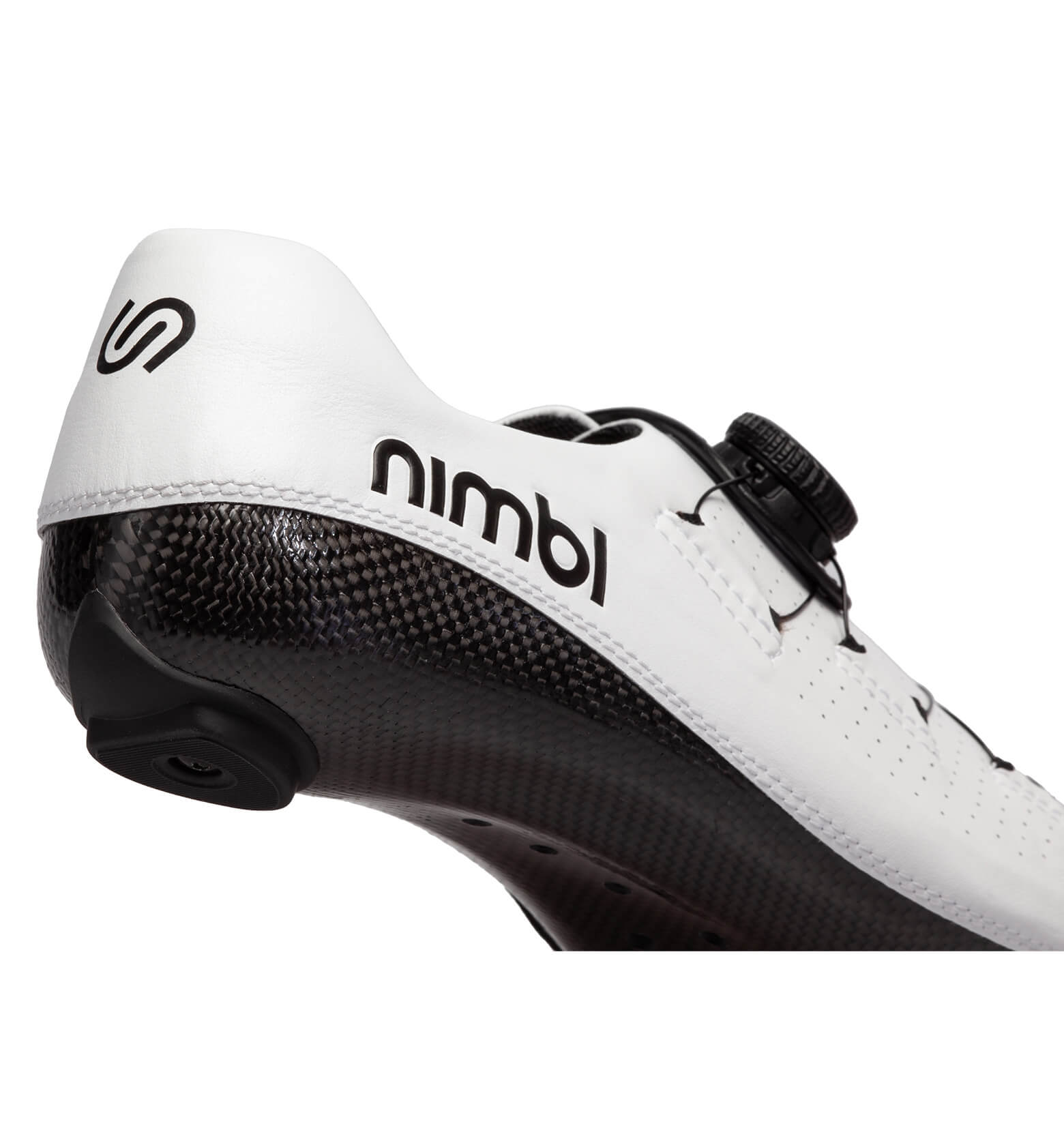Close-up of Nimbl FEAT Ultimate cycling shoe in white with carbon sole and dial closure system detailing