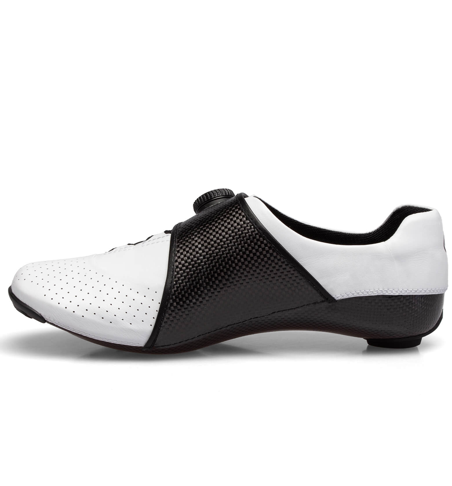 Side view of Nimbl FEAT Ultimate cycling shoe in white and black with perforated toe and aerodynamic design