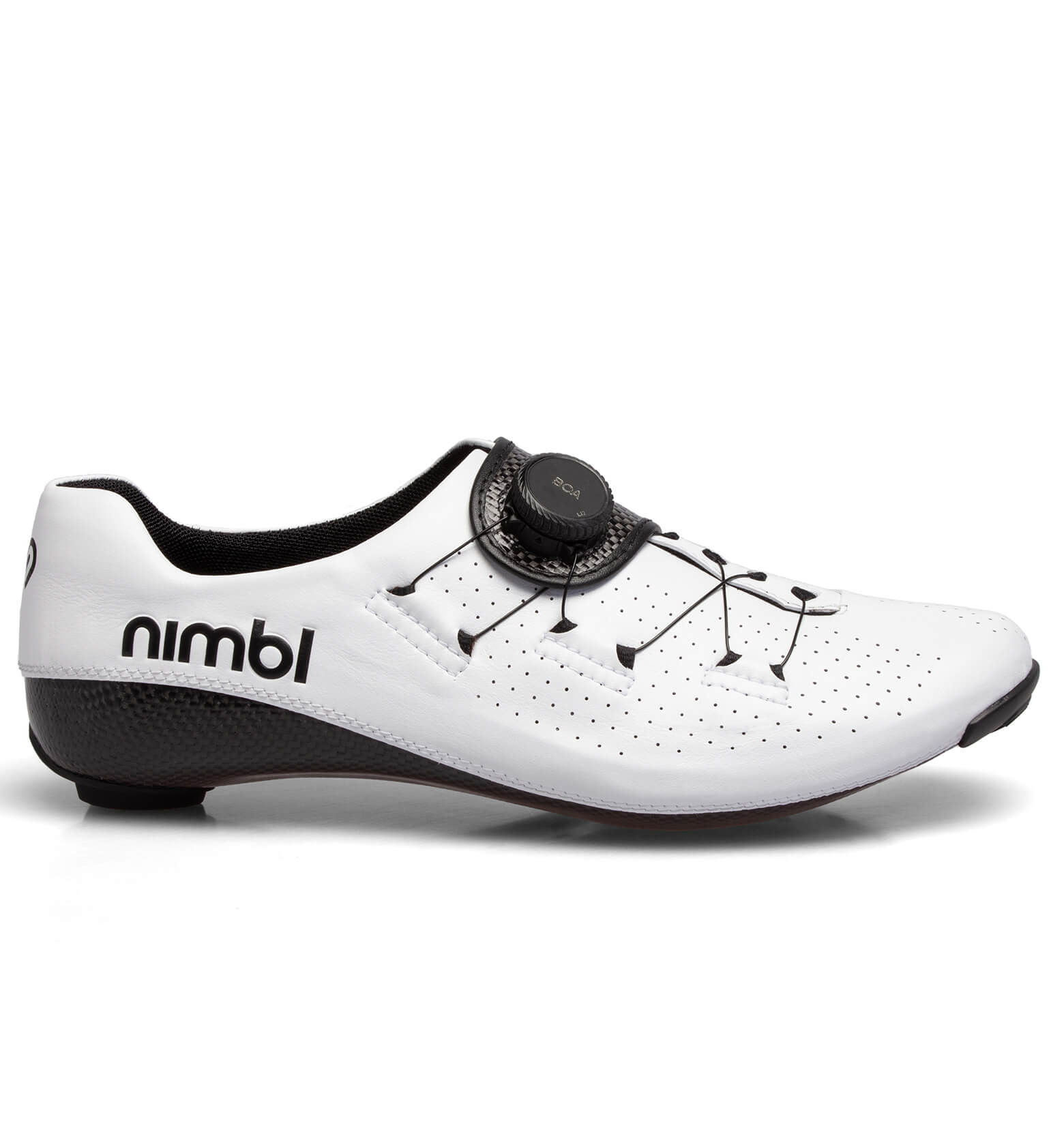 Side view of white Nimbl FEAT Ultimate cycling shoe with black dial closure and perforated upper panel