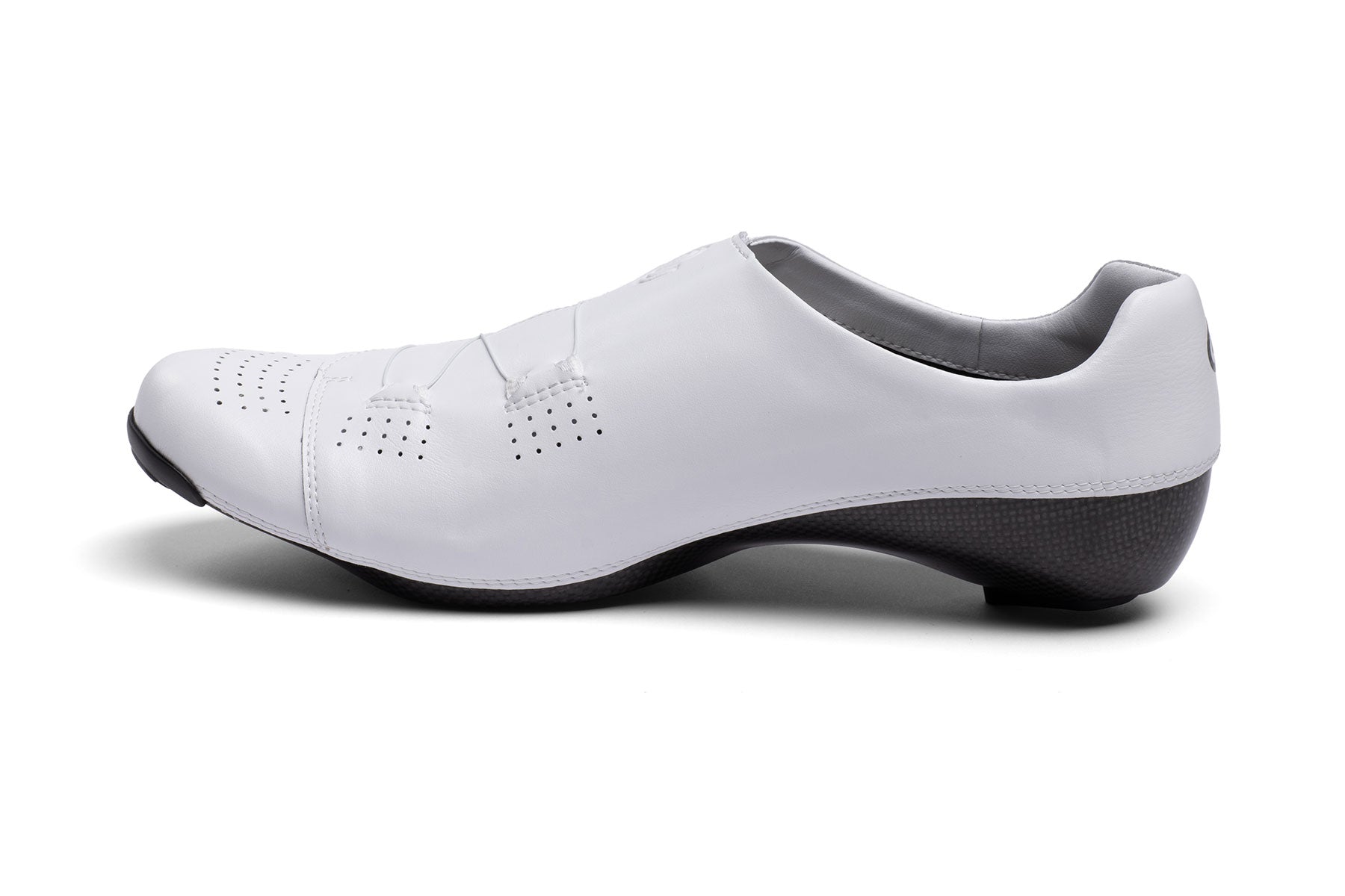Side view of Nimbl Exceed Ultimate Glide cycling shoe in white with sleek, aerodynamic design and perforated upper panel