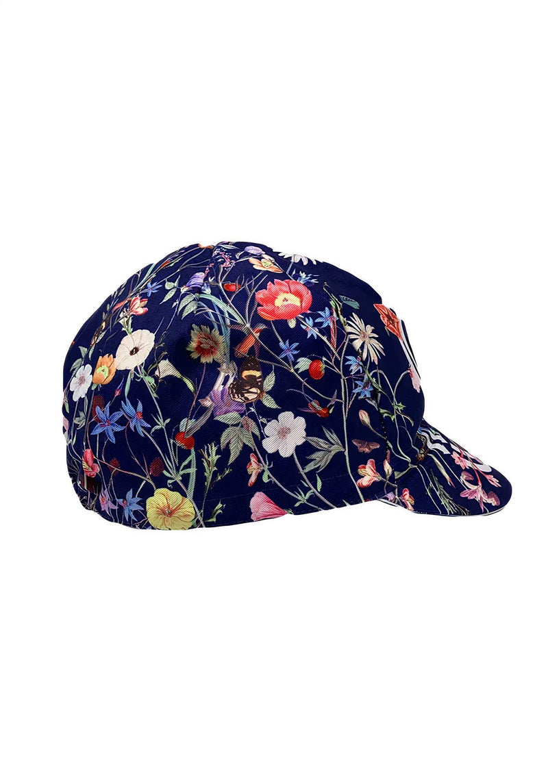 Side view of a floral Ostroy cycling cap with detailed flower pattern.