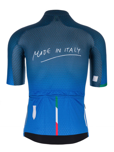 Rear view of the Q36.5 R2 Men's Short Sleeve Jersey in blue with 'Made in Italy' text.