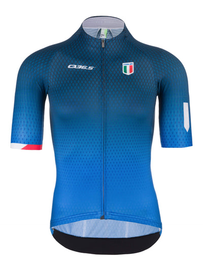 Front view of the Q36.5 R2 Men's Short Sleeve Cycling Jersey in blue with Italian flag detail.