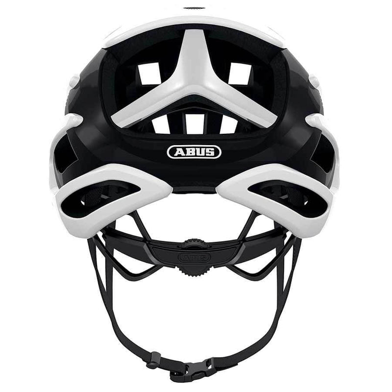 White and black ABUS AirBreaker helmet, honeycomb structure for aerodynamics, FlowStraps, eyewear strap guide.