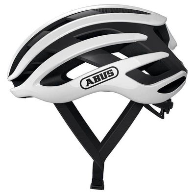 White and black ABUS AirBreaker helmet, honeycomb structure for aerodynamics, FlowStraps, eyewear strap guide.