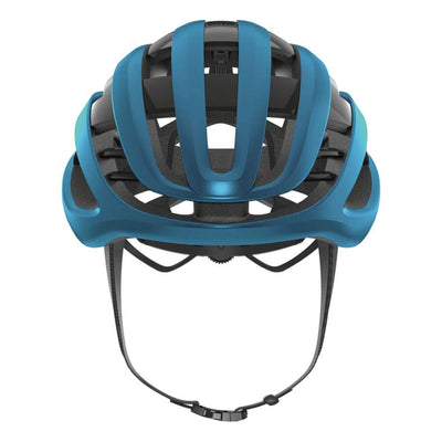 Steel blue ABUS AirBreaker helmet, In-Mold construction, forced air cooling, adjustable wheel fit, ponytail compatible.
