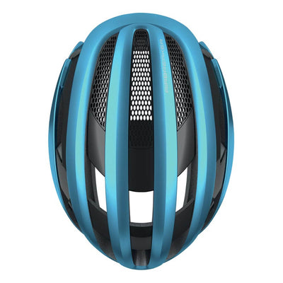 Steel blue ABUS AirBreaker helmet, In-Mold construction, forced air cooling, adjustable wheel fit, ponytail compatible.