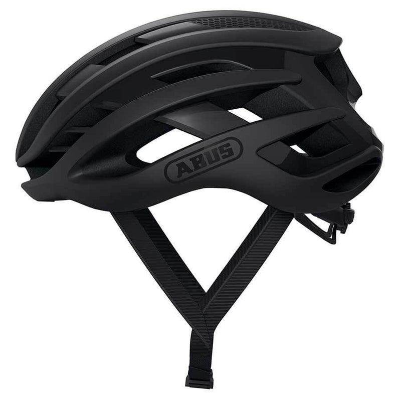 Black ABUS AirBreaker helmet, optimal ventilation with 11 inlets and 3 outlets, stable strap profile, ponytail compatible.