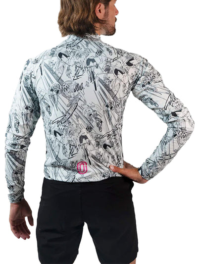 Rear view of the manga-themed Airstream Jacket by Ostroy, highlighting the intricate designs and snug fit.