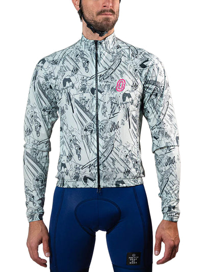 Front view of Ostroy Manga Airstream Men's Jacket, showcasing the unique manga-inspired black and white print