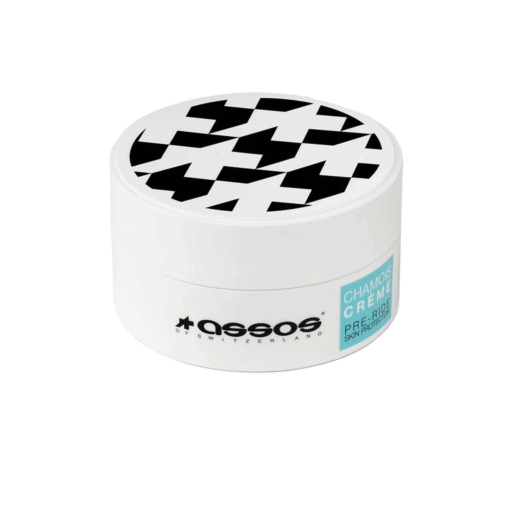 Assos Chamois Creme - Men's in white jar with black pattern lid designed for pre-ride skin protection and comfort