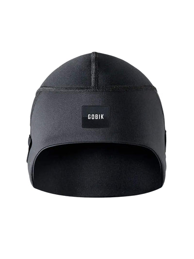 A black hat with the word GOBIK on it, perfect for braving extreme cold weather conditions during outdoor rides.