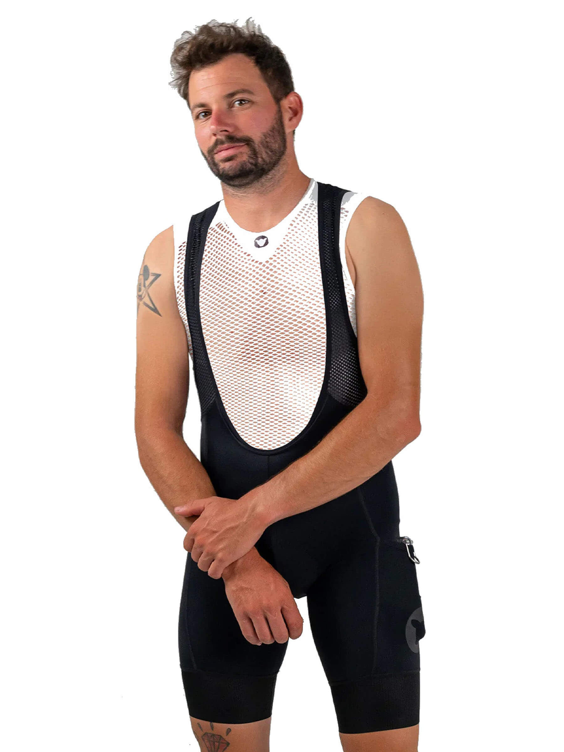 Man wearing Black Sheep Cycling ADV Cargo Bib Shorts - Men's with mesh upper and side cargo pocket against white background