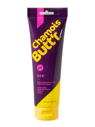 An 8oz bottle of Women's "her" chamois cream by Chamois Butt'r, a premium pH balances cream for female cyclists.