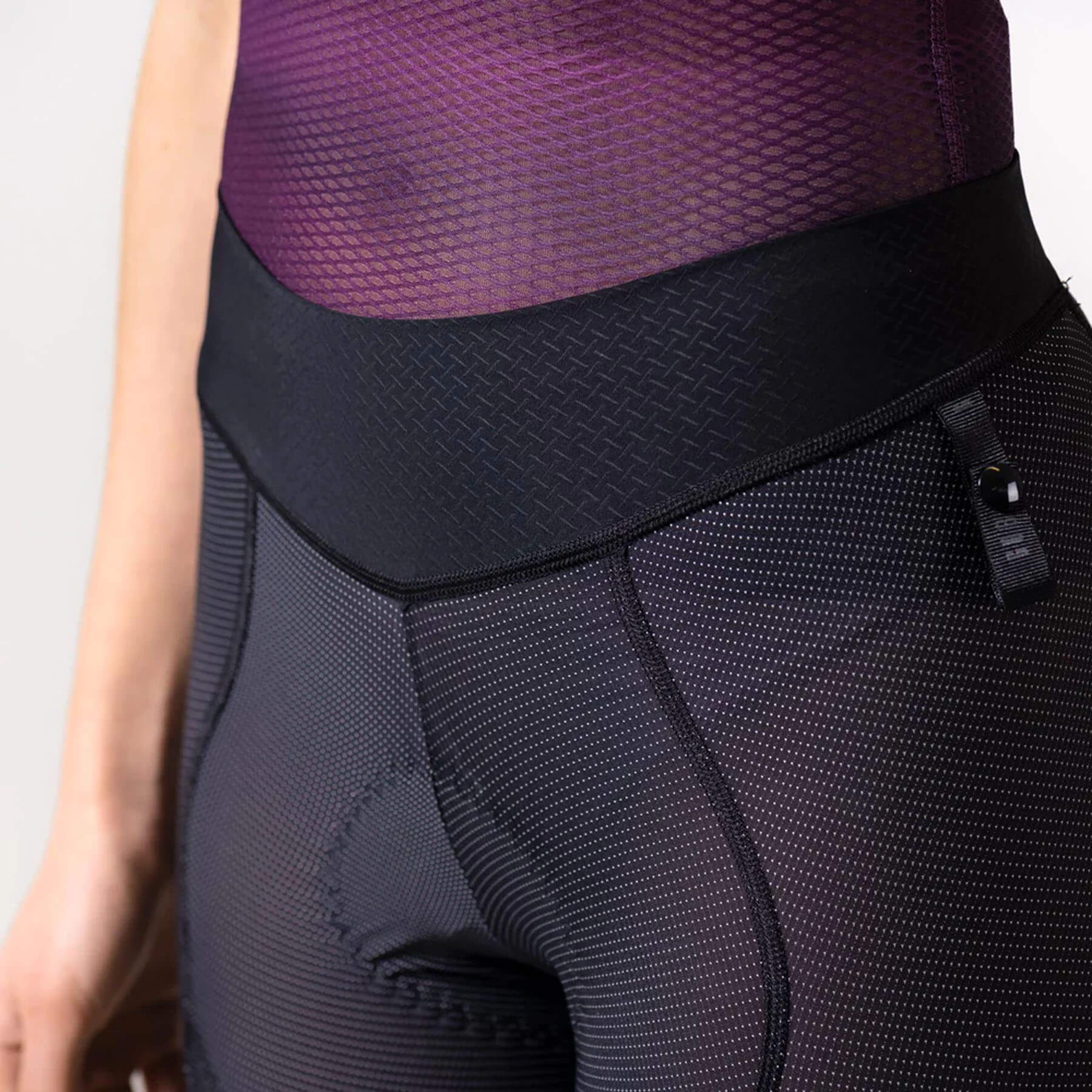 Close-up of GOBIK Commander Strapless K6 Bib Shorts - Women’s showing stretch fabric and side pocket detail
