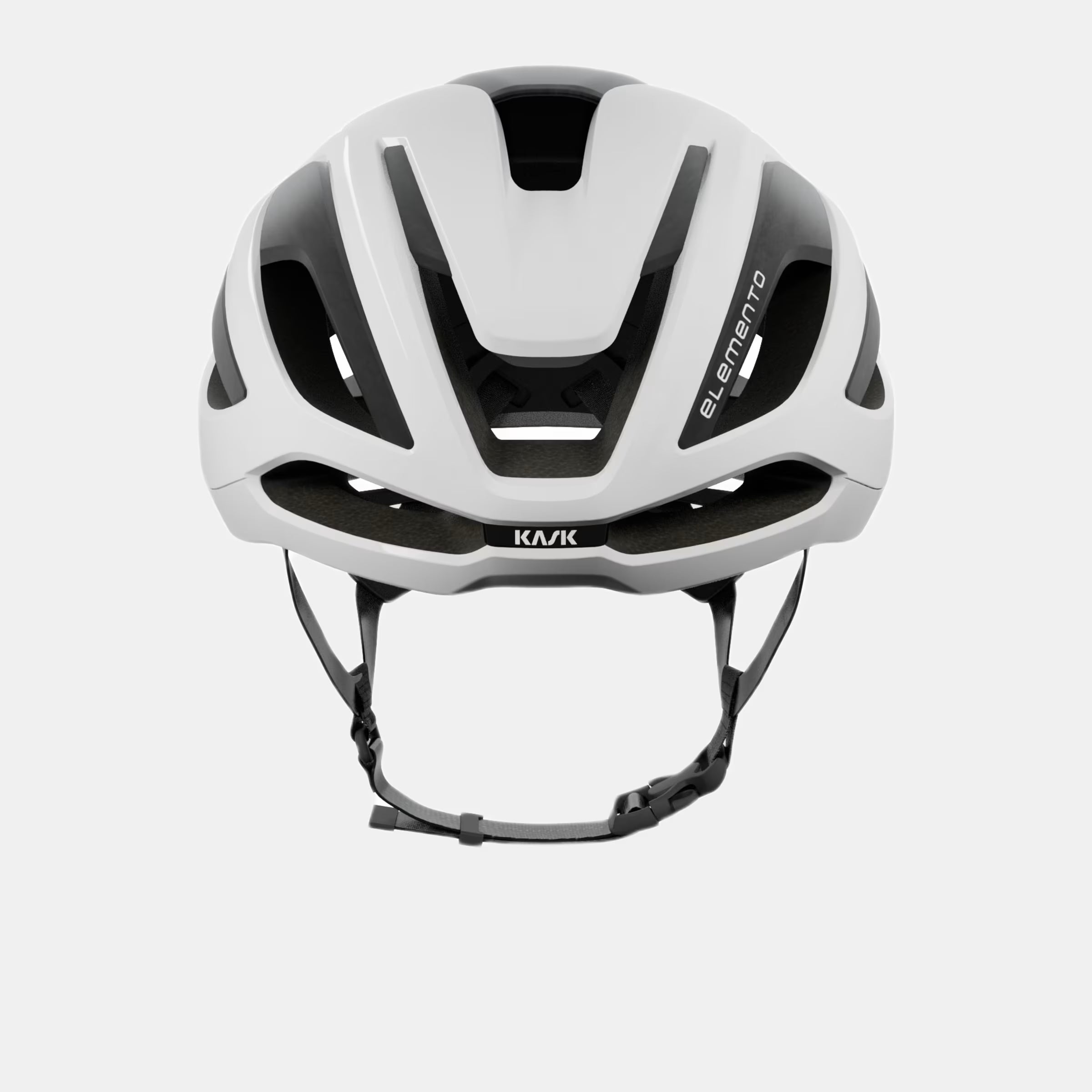 Kask Elemento Helmet - White front view showing aerodynamic vents and adjustable black chin strap design