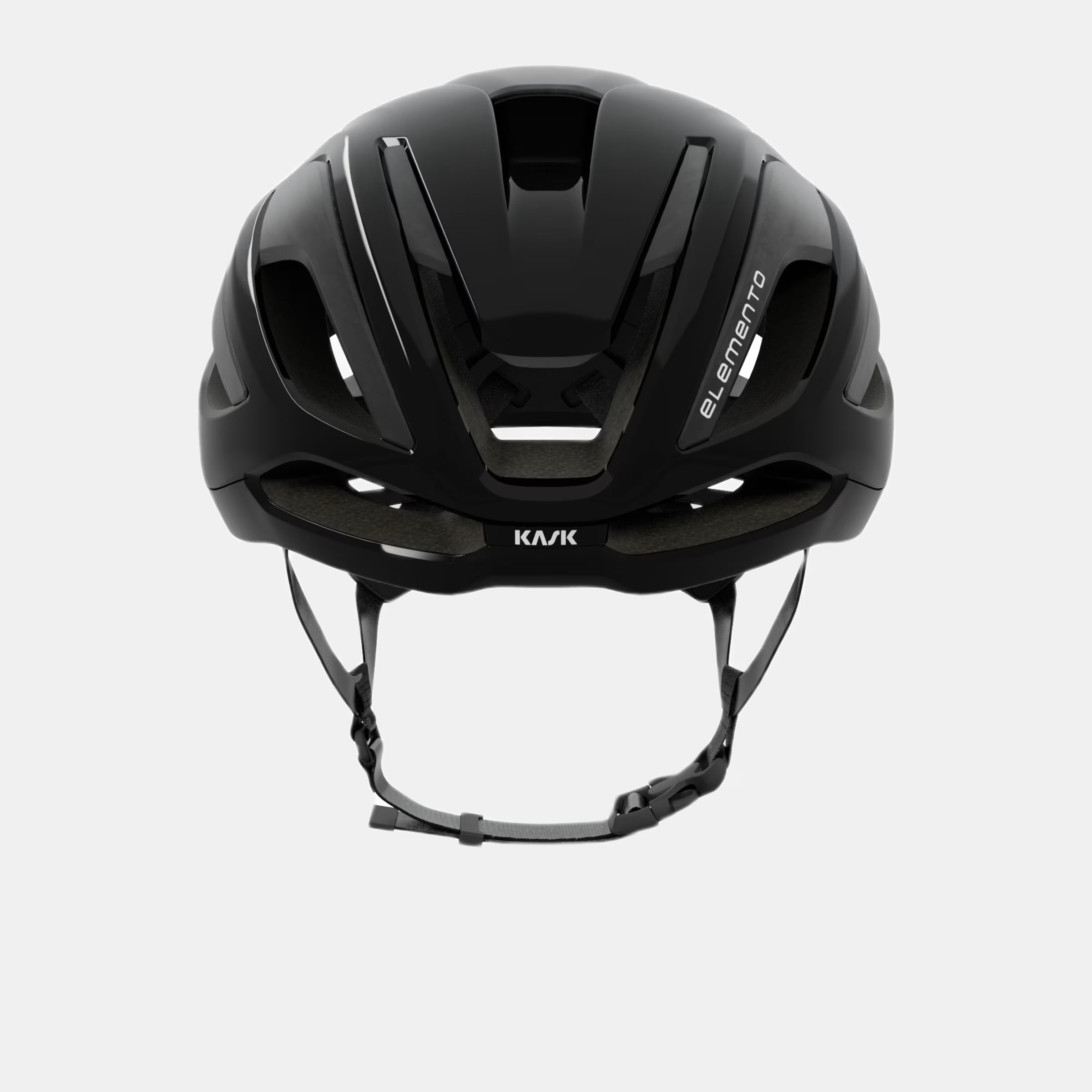 Front view of Kask Elemento Helmet  - Black showing aerodynamic design and adjustable chin strap for secure fit