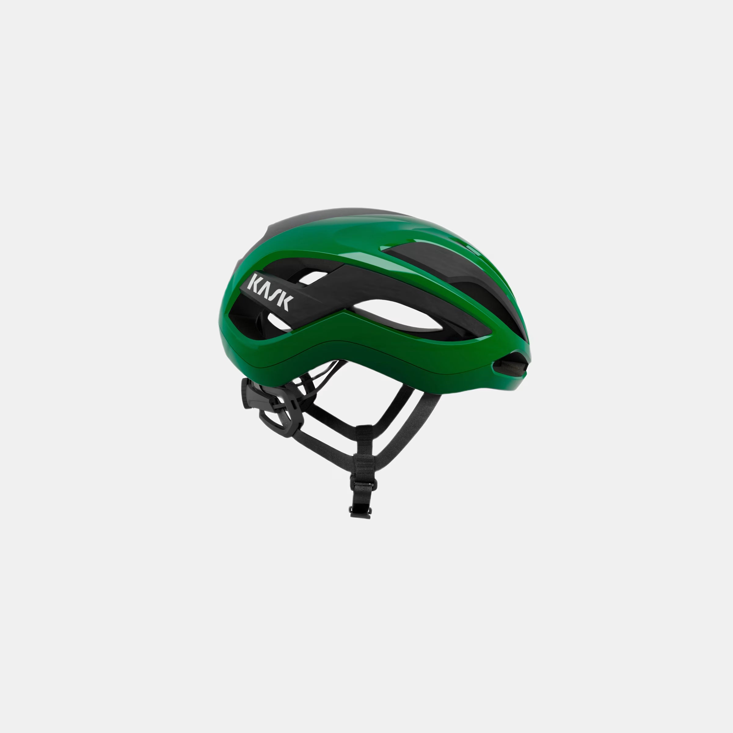 Kask Elemento Helmet  - Beetle Green side view showing aerodynamic design and adjustable strap system for cycling safety and comfort