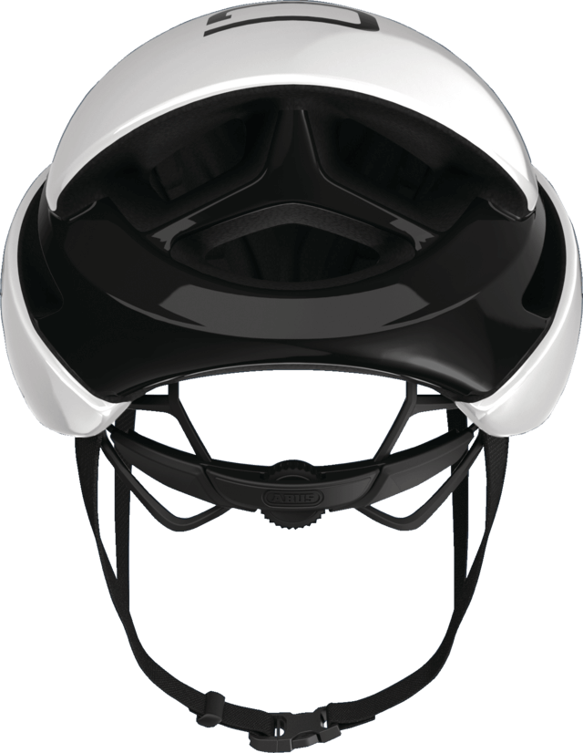 White and black ABUS GameChanger helmet, aerodynamic, ventilated, adjustable, with Eyewear Port.