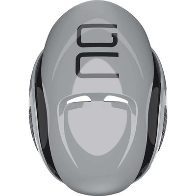 Grey ABUS GameChanger helmet, aerodynamic multi position design, ponytail compatible, personalized fit adjustment.