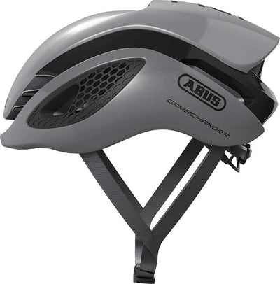Grey ABUS GameChanger helmet, aerodynamic multi position design, ponytail compatible, personalized fit adjustment.