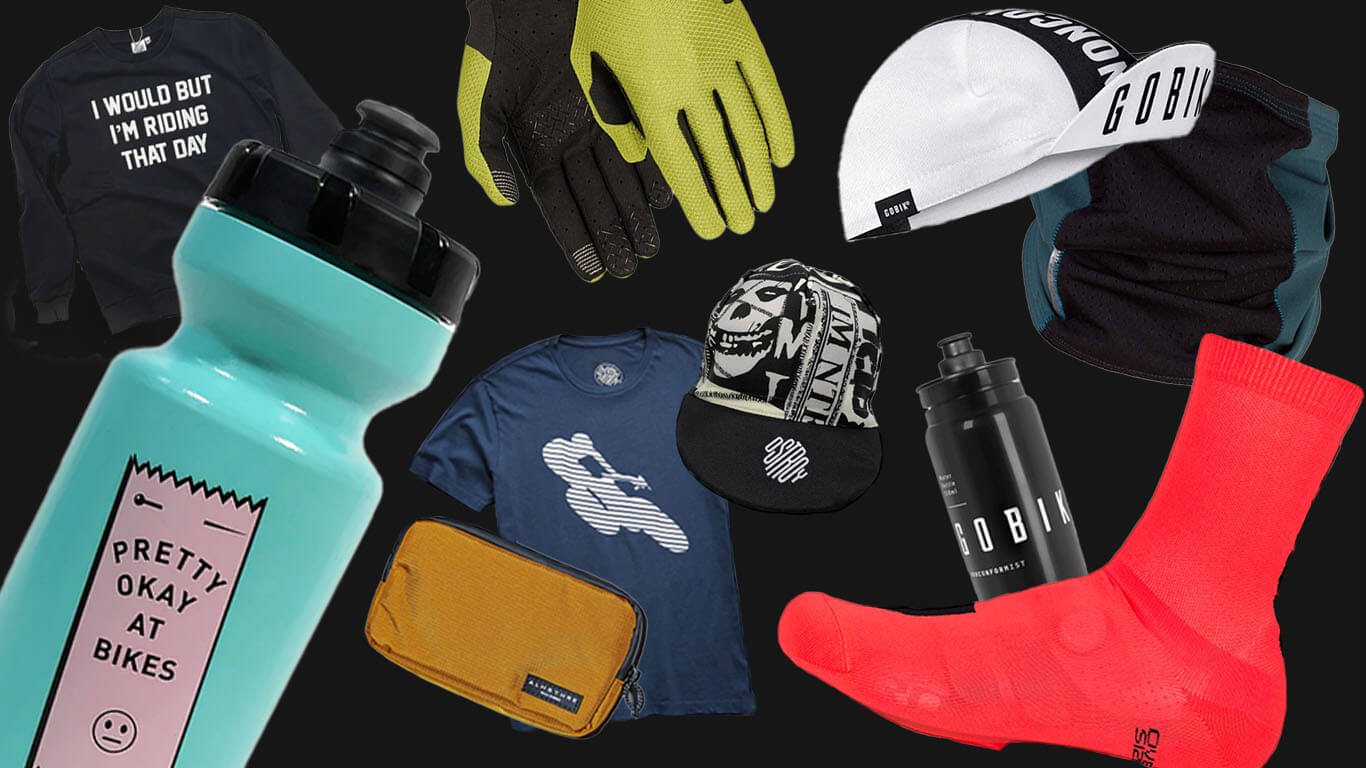 roadkit curated gift idea collection featuring ostroy waterbottles, caps, sweaters and t-shirts, Gobik waterbottles, caps and gloves, ALMSTHRE riding wallet, and Q36.5 neck warmer and overshoes