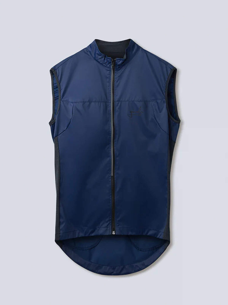 Givelo Quick-Free Navy Blue Gilet laying flat showing innovative zipper technology for easy removal