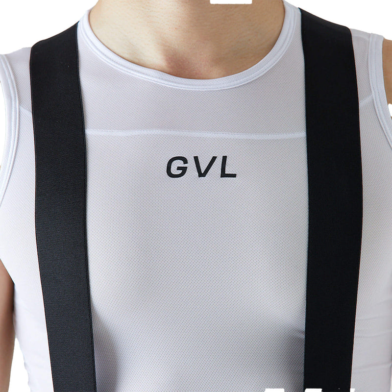 Close-up of the upper body in a white sleeveless GVL base layer.