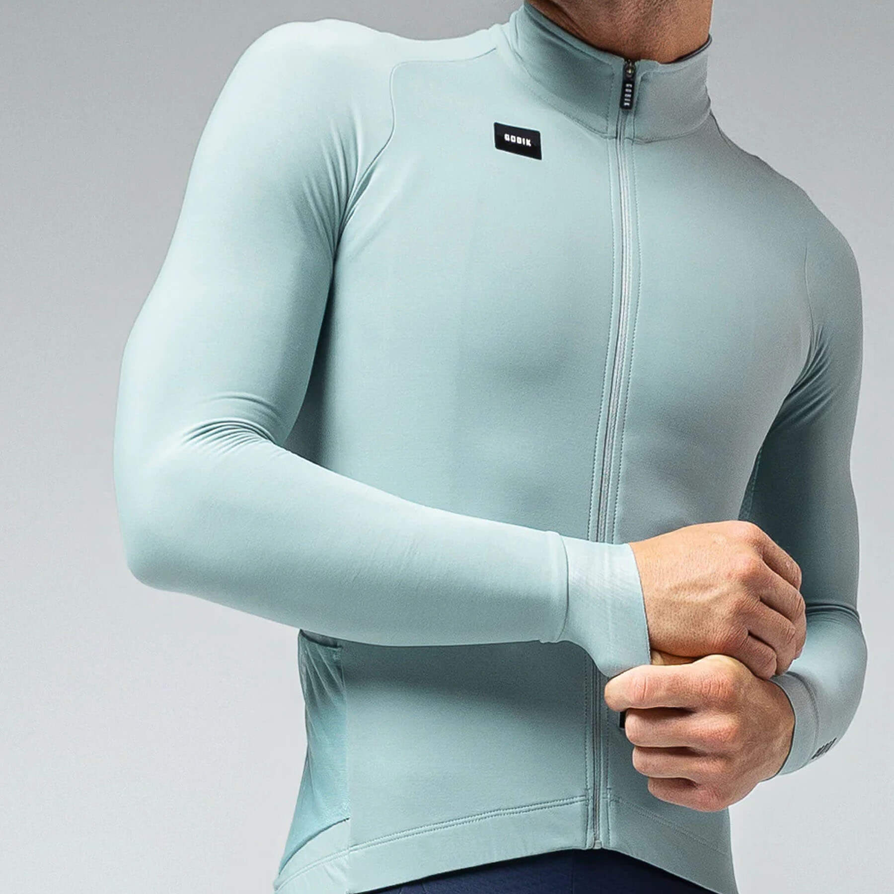 GOBIK Pacer Solid Long Sleeve Jersey - Men's in light blue, featuring a sleek, form-fitting cycling design with a front zipper.