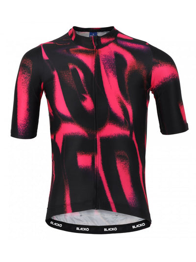 Woman wearing Black and red women's cycling jersey with a print, made of lightweight and soft fabric for a perfect fit.