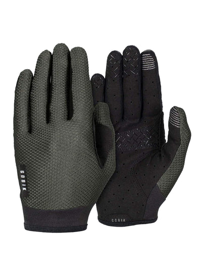 GOBIK Lynx Gloves in army green with black silicone inserts for grip and black conductive fingertips.