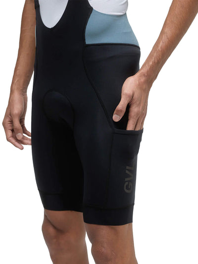 Detail of Givelo men's mc cargo bib shorts with micro brushed fabric on hip.
