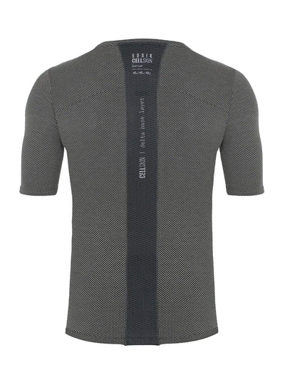 Rear view of a GOBIK men's short-sleeved base layer top in black, showcasing a breathable mesh design with a hexagonal pattern and a discreet GOBIK logo at the collar.