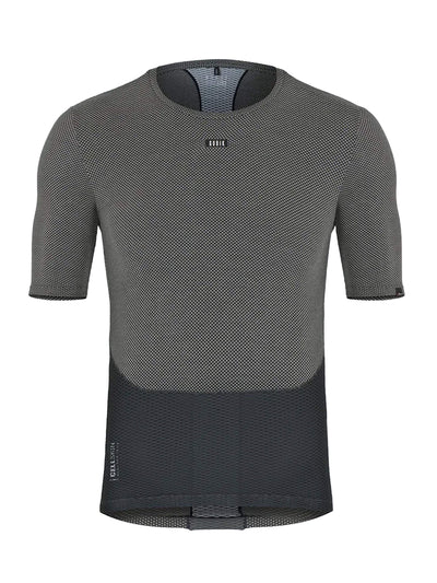 Front view of a GOBIK men's short-sleeved base layer top in black, showcasing a breathable mesh design with a hexagonal pattern and a discreet GOBIK logo at the collar.