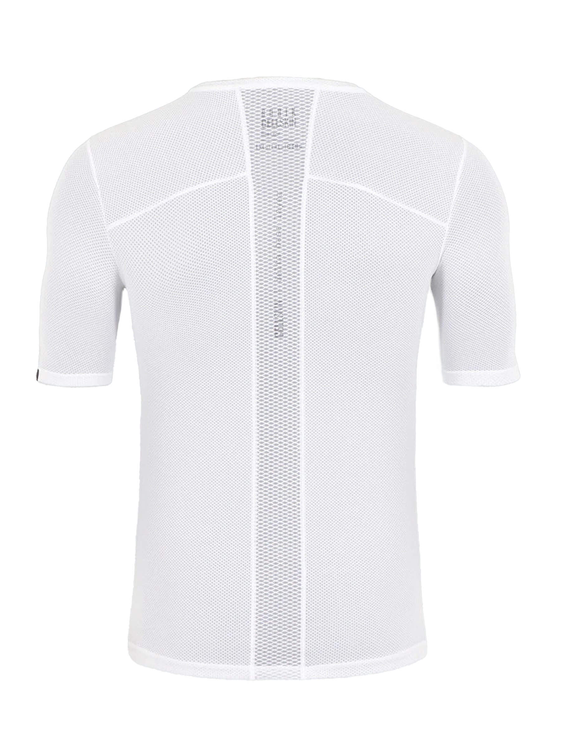 Rear view of the same GOBIK men's white base layer top, highlighting the ventilated back with a central stripe and the brand's name along the spine.