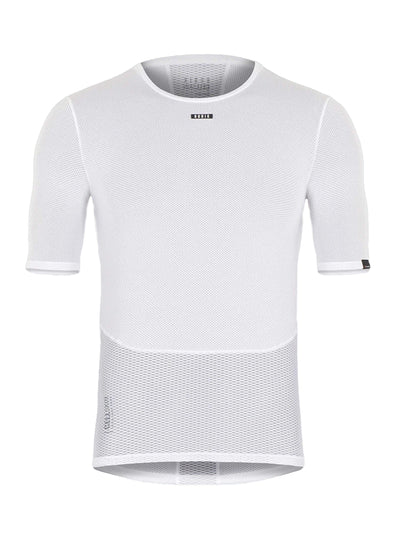 Front view of a GOBIK men's short-sleeved base layer top in black, showcasing a breathable mesh design with a hexagonal pattern and a discreet GOBIK logo at the collar.
