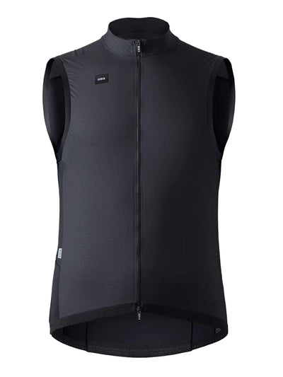 Gobik Vector men's cycling vest in black, ultralight with nylon front panel, elastane for wind protection, 10-18ºC range.